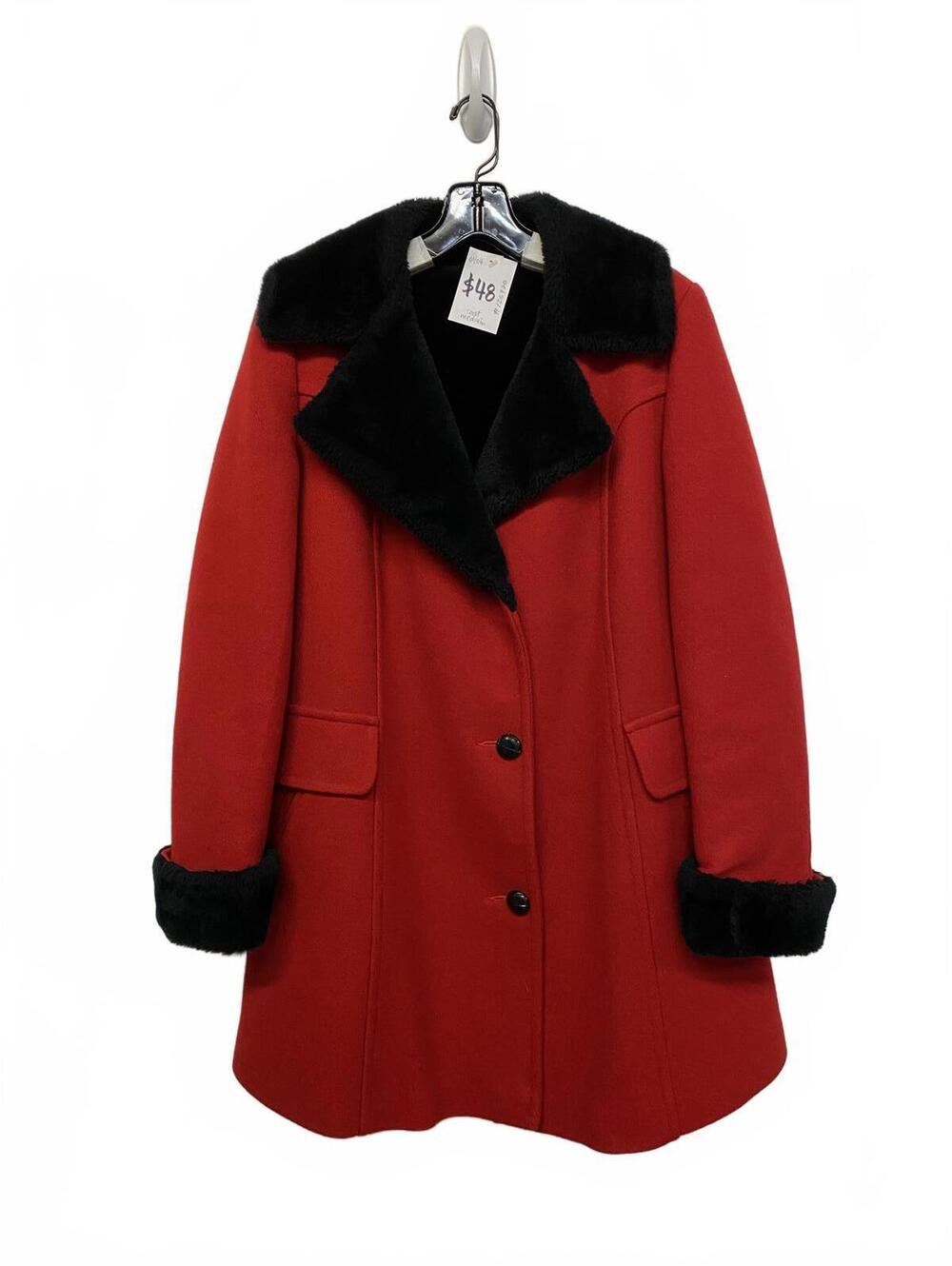 Women's Vintage 50s 60s Rockabilly Red Wool Blend Coat Faux Fur Collar Cuffs Med